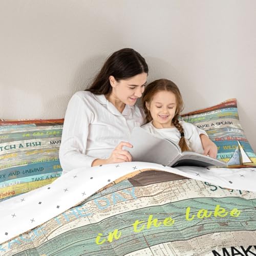 Castle Fairy Lake House Comforter Set Queen Size,Rustic Farmhouse Wooden Bedding Set 3pcs for Kids Teens Adults Room Decor,Boating Lover Quilt Set Vintage Sea Adventure Duvet Insert,2 Pillowcases