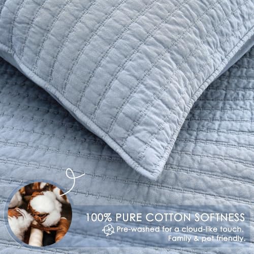 WDCOZY 100% Cotton Queen Size Quilt Set, Channel Pick Stitch, Light Blue