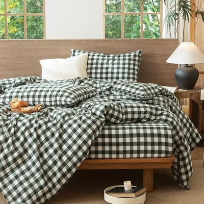 MooMee Gingham Duvet Cover Set 100% Washed Cotton Linen Like
