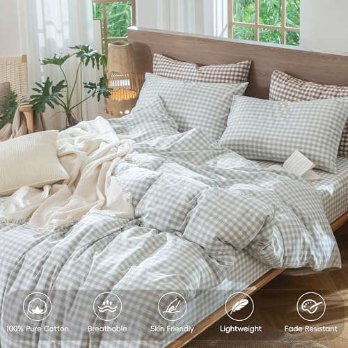 MooMee Gingham Duvet Cover Set 100% Washed Cotton Linen Like