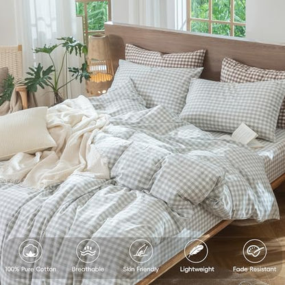 MooMee Gingham Duvet Cover Set 100% Washed Cotton Linen Like