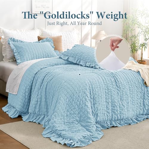 JOLLYVOGUE Blue Comforter Full Size, 3 Pieces Seersucker Lightweight Full Size Bedding, All Season Fluffy Microfiber Bedding Comforter Set with 1 Ruffle Comforter and 2 Ruffle Pillowshams