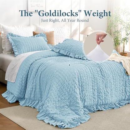 JOLLYVOGUE Blue Twin/Twin XL Comforter Set, 2 Pieces Seersucker Lightweight Fluffy Bedding Set, Twin Ruffle Comforter, All Season Soft Microfiber Shabby Chic Bed Set