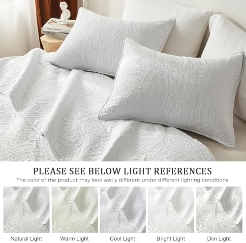 akkialla 118"x106" White California King Quilt Set, Oversized Floor-Length Bedspread, Modern Coin Pattern Microfiber Coverlet, 3-Piece All Season Bedding with 2 Pillow Shams
