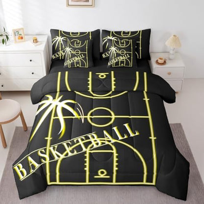 Sport Bedding Full Size 7-Piece Basketball Comforter Set for Boys, Black Yellow Bedding Comforter Sets Gold Gradient Neon Bed in a Bag, Sports Themed Bedding Accessories Breathable (Black Reversible)