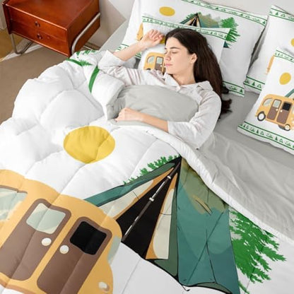 Erosebridal Rv Happy Camping Full Comforter Set with Sheets Camper Decor 7-Piece Bedding Set for Kids Boys Teens Bedroom Rustic Farmhouse Bed in A Bag Pine Tree Bonfire Bed Sets, Green White