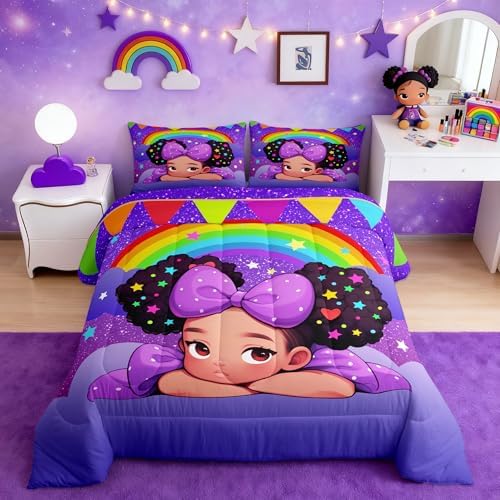 Black Princess Girl Comforter Set Full Size,African Theme American Kids Teens Bedding Set Glitter Starry Sky Rainbow Purple Quilted Duvet Cute Bedroom Decor Pretty Girl Magical Bedspread,2 Pillowcases