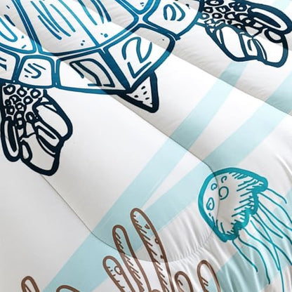 HOSIMA Kids Sea Turtle Comforter Full,Coastal Bedding with 2 Pillowcases.