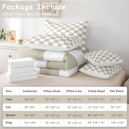 Feelyou Checkered 7 Piece Bedding Set Teen Women Men Beige Plaid Comforter Set with Sheets King Size Kids Boys Cute Retro Neutral Checkerboard Geometric Bed in a Bag Vintage Aesthetic Room Decor