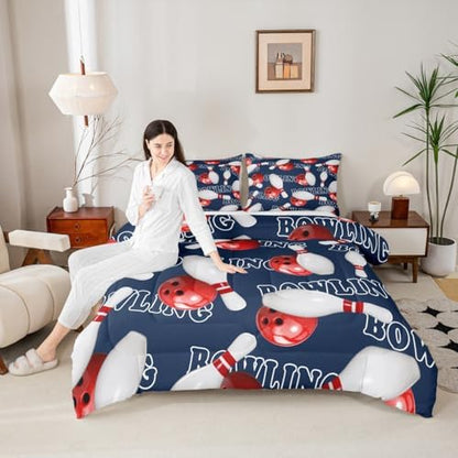 Erosebridal Bowling Party Bedding Comforter Sets Bowling Ball Bedding Set Full for Boys Girls Sport Gaming Duvet Insert Bowling Print Quilted Comforter Kids Teens Sports Themed Room Decor Bedding 3pcs