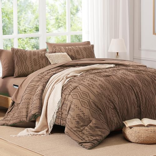King Size Comforter Set Brown Tufted Boho Bedding Sets Farmhouse 7 Pieces