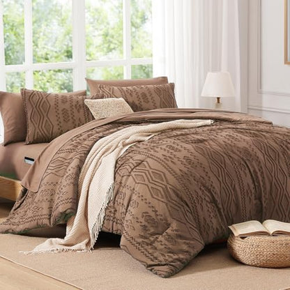 King Size Comforter Set Brown Tufted Boho Bedding Sets Farmhouse 7 Pieces