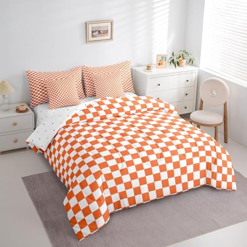 jejeloiu Orange and White Bedding Set 7Pcs King Size Kids Plaid Checkered Comforter Set with Sheets for Boys Girls Classic Grid Buffalo Check Bed in a Bag Soft Lightweight,Microfiber