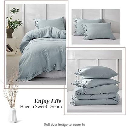 Simple&Opulence 100% Linen Duvet Cover Set 3pcs with Bowknot Ties Closure Natural French Washed Flax Solid Color Soft Breathable Farmhouse Bedding - Dusty Blue, Queen Size