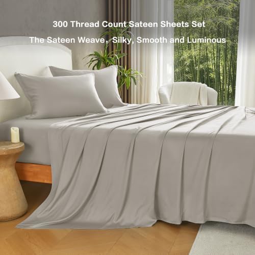 Andency Sateen Sheets Set, 100% Viscose Derived from Bamboo, Hotel Luxury Silky & Cooling for Hot Sleepers, Deep Pocket Up to 16", Grey Queen