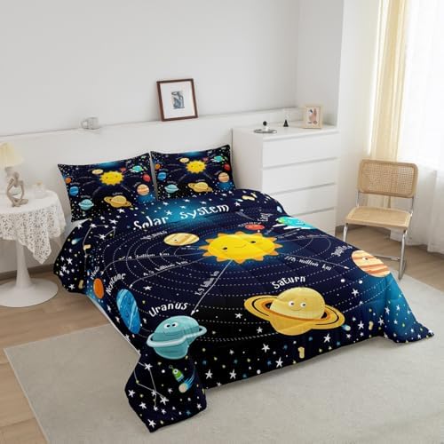 Erosebridal Outer Space Comforter Set Starry Sky Bedding Set Twin Size for Kids Boys Girls Room Galaxy Planet Space Duvet Sets Solar System Cartoon Down Comforter 2 Pieces with 1 Pillow Case, Blue