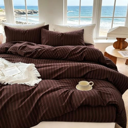 Striped Duvet Cover Set Full Size 3 Piece 100% Washed Cotton Linen Like Textured Bedding Comfy Breathable (Full, Double Stripe-Espresso Brown/Black)