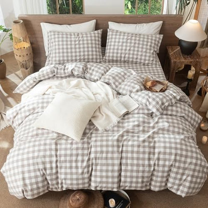 MooMee Gingham Duvet Cover Set 100% Washed Cotton Linen Like