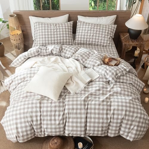 MooMee Gingham Duvet Cover Set 100% Washed Cotton Linen Like