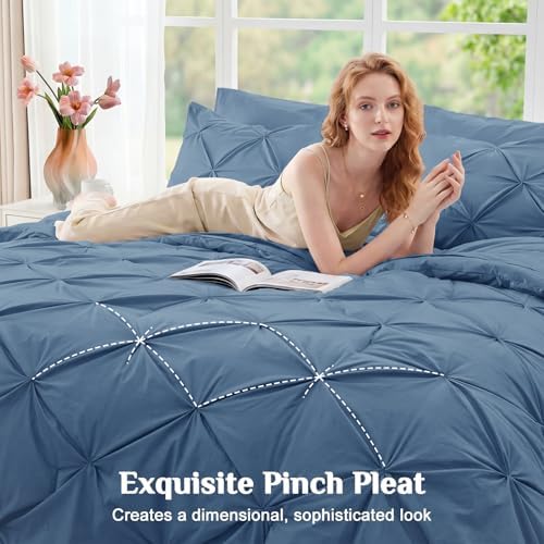 JOLLYVOGUE Twin XL Comforter Set 5 Pieces - Bed in a Bag Twin XL for All Season, Pintuck Bedding Comforter Sets with Comforter, Flat Sheet, Fitted Sheet and Pillowcases & Shams, Slate Blue