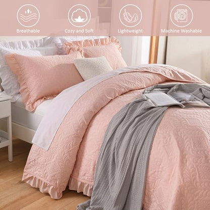DJY Queen Size Quilt Sets, Ruffled Bedding Set, Blush Pink