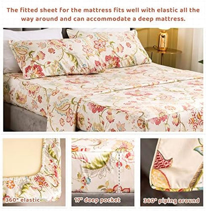 QSH Floral Bed Sheets Set - Queen Size Boho Lotus Print Bed Sheet Set - Extra Soft and Breathable 100% Egyptian Cotton - Farmhouse Bedding - 4 pcs Deep Pockets Flower Bed Sheets