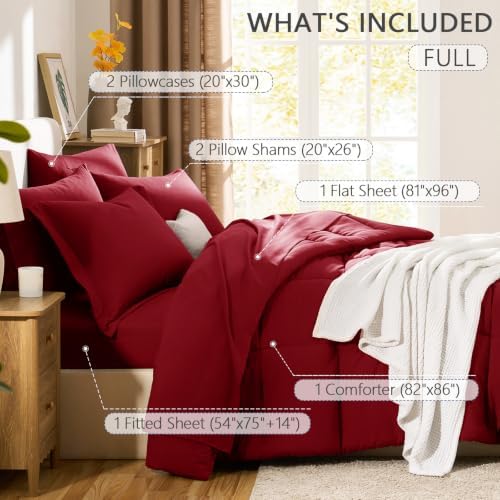 CozyLux Full Size Comforter Sets, 7-Piece Bed in a Bag, Dark Red