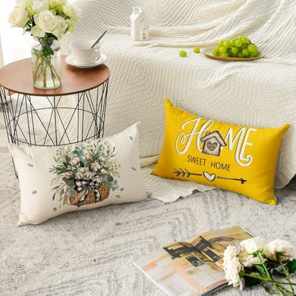 AVOIN colorlife Bless Our Home Farmhouse Eucalyptus Leaves Throw Pillow Covers, 12 x 20 Inch Yellow Truck Home Sweet Cushion Case Decorations Set of 4