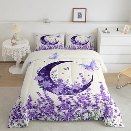 Manfei Lavender Comforter Set Full Size, Purple Moon Butterfly Print Bedding Set 3pcs for Kids Girls Bedroom Decor, Botanical Floral Quilt Set Boho Flower Duvet Set with 2 Pillowcases
