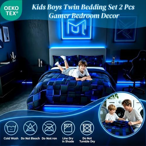 Erosebridal Black Navy Royal Blue Comforter Set Twin Neon Geometric Checkered Bedding Set for Teen Boys Gamer Room Decor,Abstract Stereoscopic Grids Quilt Square Plaid Check Bed Set 2 Pcs