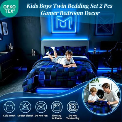 Erosebridal Black Navy Royal Blue Comforter Set Twin Neon Geometric Checkered Bedding Set for Teen Boys Gamer Room Decor,Abstract Stereoscopic Grids Quilt Square Plaid Check Bed Set 2 Pcs