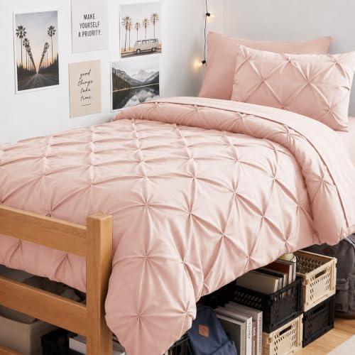 CozyLux Twin Comforter Set Peach Pink, 5 Pieces Pintuck Bed in a Bag