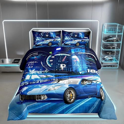 Feelyou Boys Sports Car Comforter Set for Kids - Extreme Sports Bedding Set with 1 Comforter and 1 Pillowcase, Twin Size, Blue