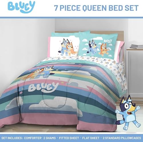 Bluey Bingo Queen Comforter Set 7 Piece Kids Cartoon Bedding, Multi
