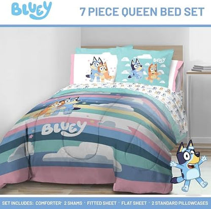 Bluey Bingo Queen Comforter Set 7 Piece Kids Cartoon Bedding, Multi