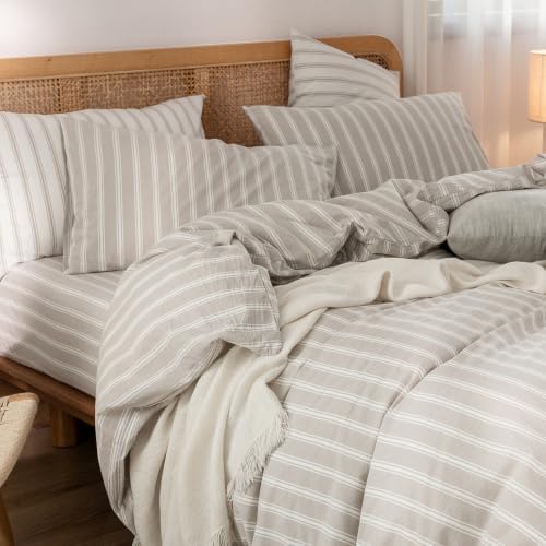 BESTOUCH Striped Cotton Duvet Cover Set Linen Feel Full
