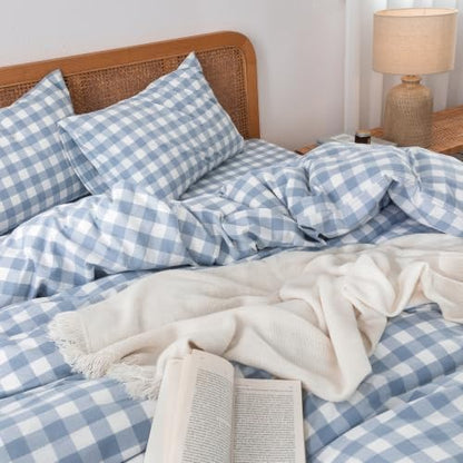 BESTOUCH Gingham Cotton Duvet Cover Set Cornflower Blue King