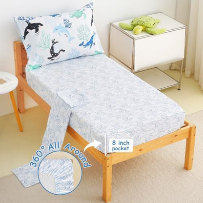 Mooreeke Toddler Bedding Sets for Boys,4 Pieces Blue Ocean Whales Printed