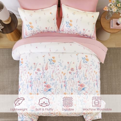 Yiran Pink Floral Comforter Set Full Size, 7 Piece Cute Comforters Bed in a Bag Blush Flower, Soft Coquette Cottagecore Aesthetic Botanical Bedding Set with Sheets for Women Teen Girls