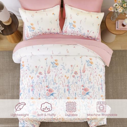 Yiran Pink Floral Comforter Set Queen Size, 7 Piece Cute Comforters Bed in a Bag Blush Flower, Soft Coquette Cottagecore Aesthetic Botanical Bedding Set with Sheets for Women Girls