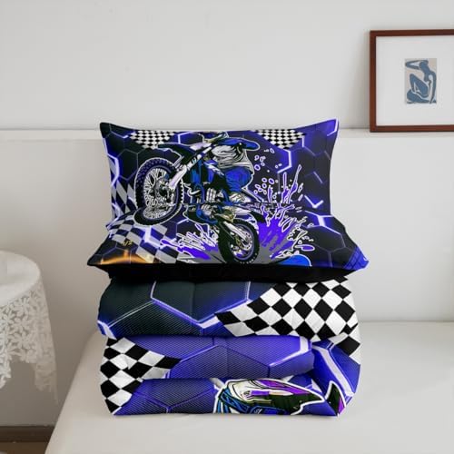 Erosebridal Racing Motorcycle Twin Comforter Set for Boys,Blue Neon Lights Honeycomb Bedding Set Dirt Bike Motocross Quilt Moto Extreme Sports Duvet Insert,Black White Lattice Buffalo Plaid Decor