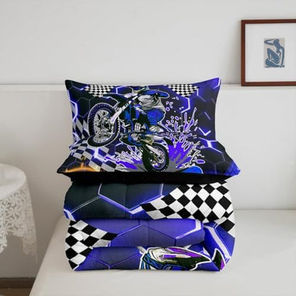 Erosebridal Racing Motorcycle Twin Comforter Set for Boys,Blue Neon Lights Honeycomb Bedding Set Dirt Bike Motocross Quilt Moto Extreme Sports Duvet Insert,Black White Lattice Buffalo Plaid Decor