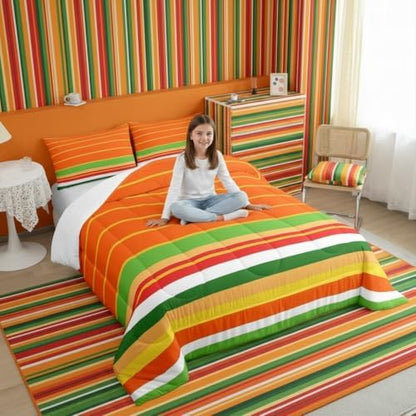 jejeloiu Orange Green Yellow Stripes Comforter Set Toddler Size Geometric Bedding Set for Kids Boys Girls Modern Duvet Quilt Luxury Bedroom Decor Microfiber 2 Pcs with 1 Pillow Cases