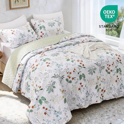 EXQ Home Printed Quilt Set Full Queen Size Green Leaves Bedspread Set