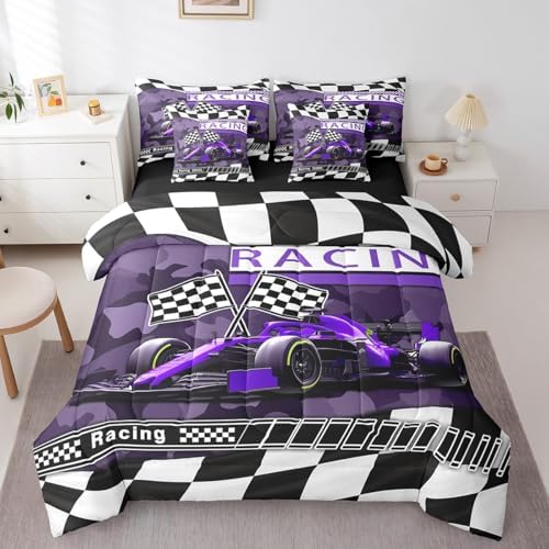 Camouflage Racing Comforter Set 7 Pieces,Boys Men Racing Car Gamer Bed Set,Purple Race Car Bedding Bed in a Bag Soft,King (1 Comforter,2 Pillowcase,2 Pillow Covers,1 Flat Sheet,1 Fitted Sheet)