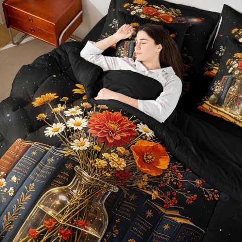 Erosebridal Bookshelf 7 Piece Bedding Set Twin Floral Comforter Set with Sheets Vintage Book Bed in a Bag Mysterious Art Bed Sets Comforter