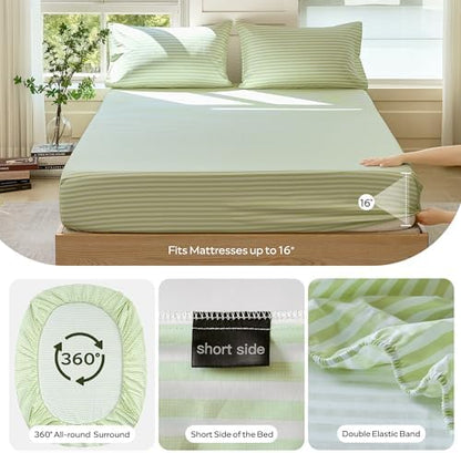 JELLYMONI 100% Cotton Sheet Set, Sage Green Striped, King