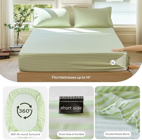 JELLYMONI 100% Cotton Sheet Set, Sage Green Striped, Full