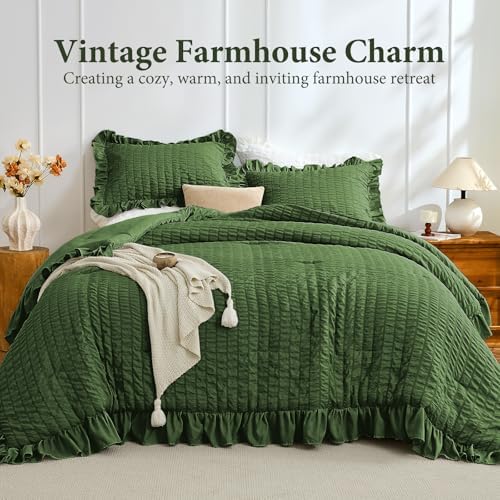 JOLLYVOGUE Dark Green Oversized King Comforter Set,3pcs Seersucker Bed Set