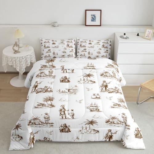 Coastal Pirate Ship Comforter Set King Size,Beach Tripical Palm Tree Bedding Sets 3Pcs Teens Adult Men Room Decor,Sailing Boat Seagull Quilted Duvet Retro Sketch Brown Down Comforter,2 Pillowcases